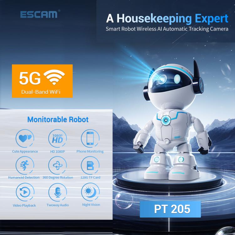 ESCAM PT205 5G WiFi Smart Robot Wireless AI Automatic Tracking Camera, Two Way Audio / Night Nersion, EU Plug, US Plug, UK Plug, AU Plug ESCAM PT205 5G WiFi Smart Robot Wireless AI Automatic Tracking Camera, Two Way Audio / Night Nersion, EU Plug, US Plug, UK Plug, AU Plug